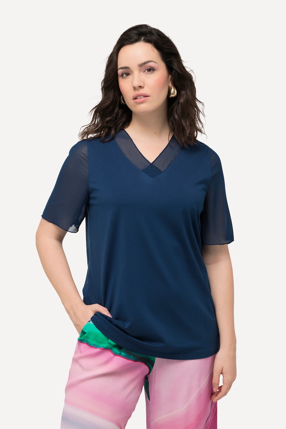 Grote Maten T-shirt, Dames, blauw, Maat: 42/44, Polyester/Katoen, Ulla Popken