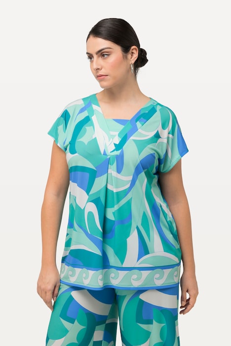 Wave Print Pleated Short Sleeve Tee