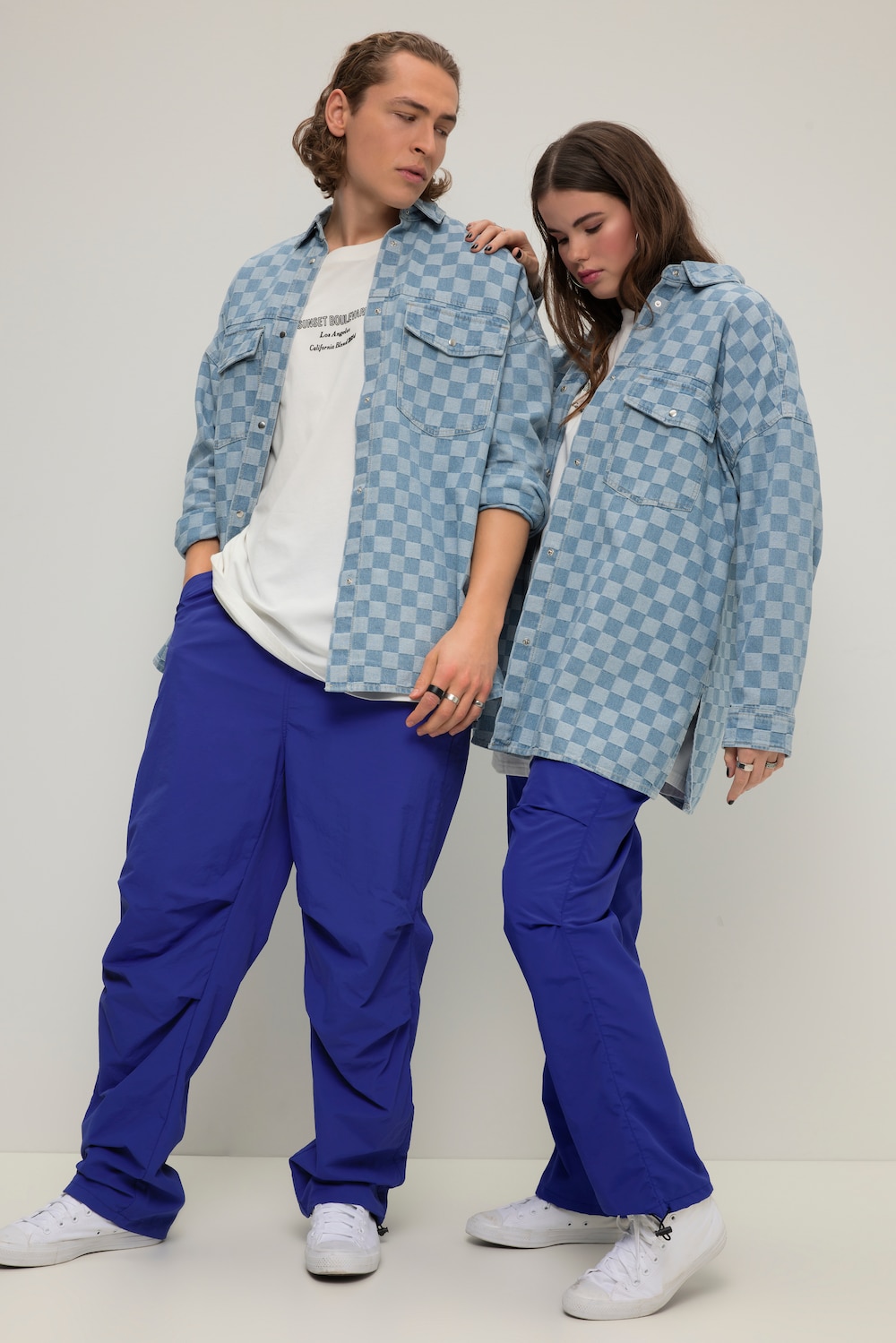 grandes tailles chemise en jean oversized. imprimé échiquier, femmes, bleu, taille: s, coton/polyester/viscose, studio untold