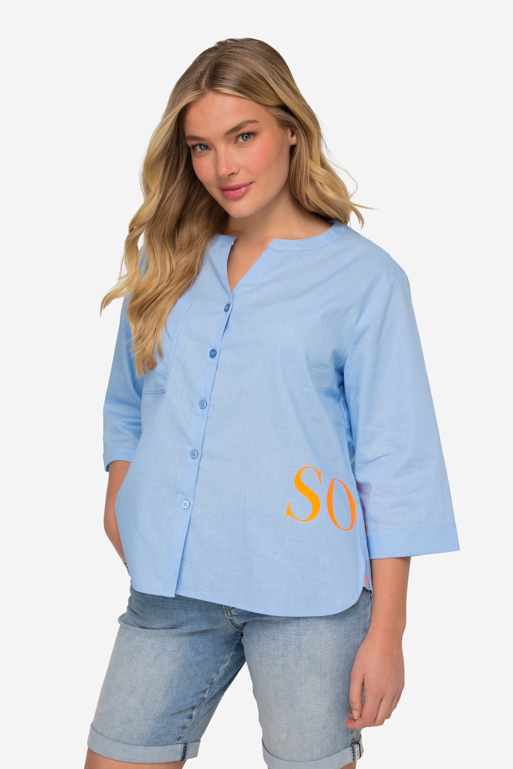 Große Größen Leinenmix-Bluse, Damen, blau, Größe: XXL, Leinen/Viskose, LAURASON