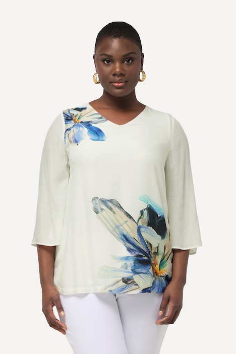 Bluse, blomster, oversize, V-udskæring, 3/4 klokkeærmer