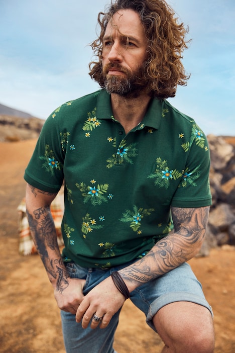 Polo à manches courtes en maille piquée, avec motf floral - jusqu'au 8 XL