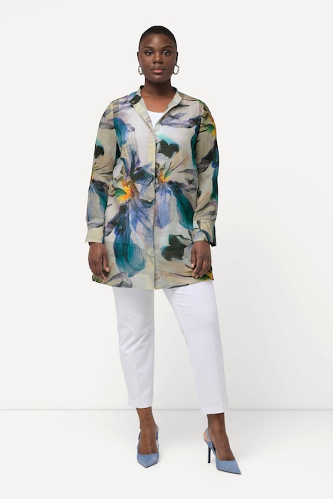 Ramie,blouse, bloemen, opstaande kraag, lange mouwen