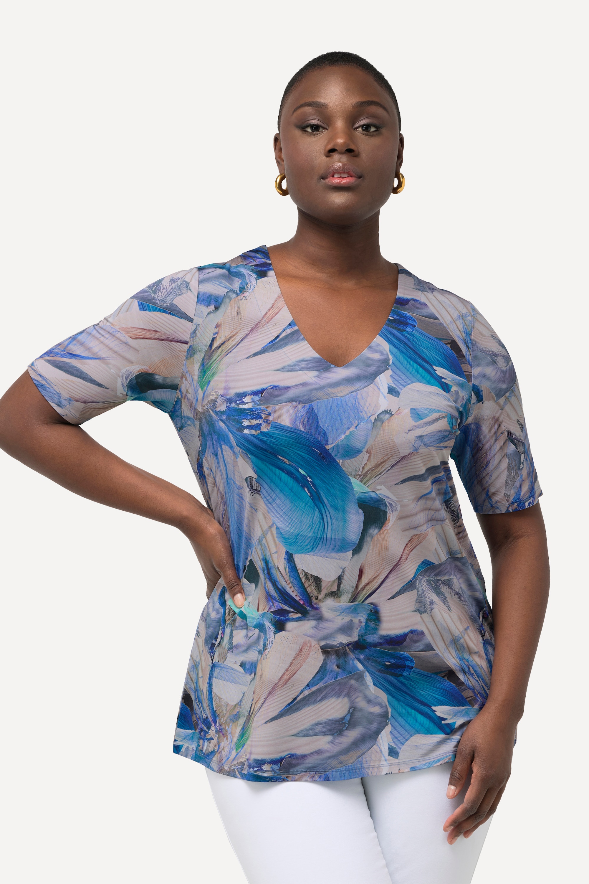 Ulla Popken Damen große Größen Slinkyshirt A Linie V Ausschnitt Halbarm 828566