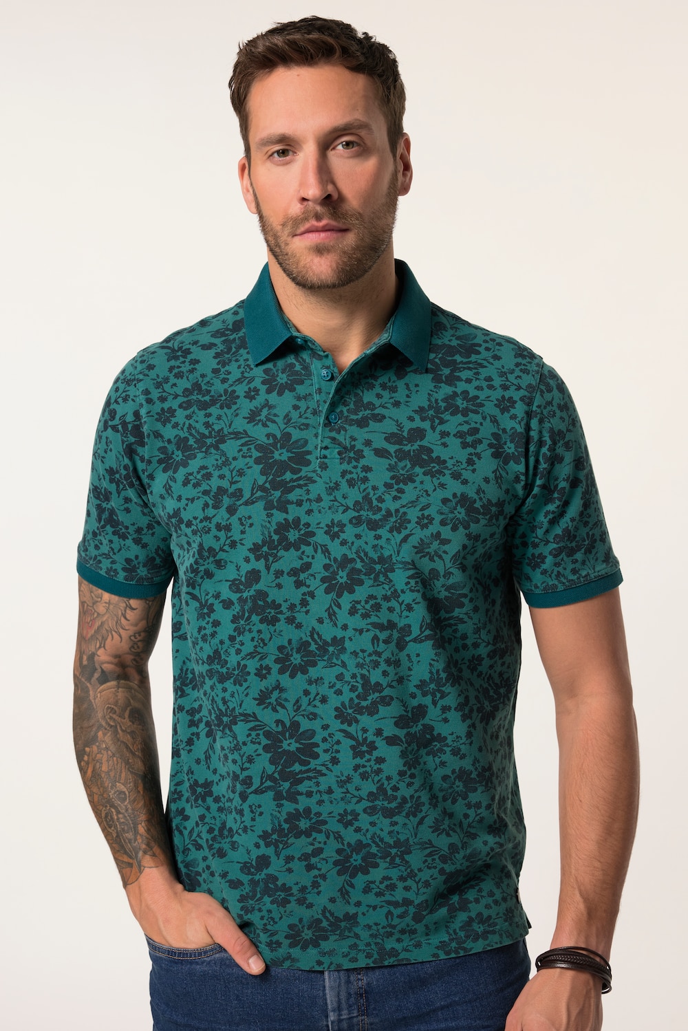 JP 1880 Poloshirt, Halbarm, Piqué, florales Muster, Vintage Look, bis 8 XL