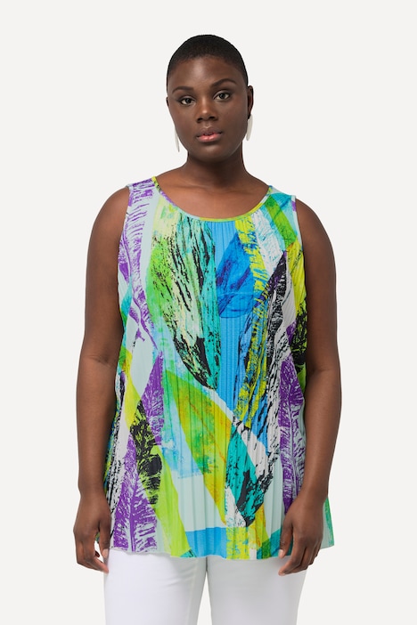 Pleated Feather Print Sleeveless Blouse