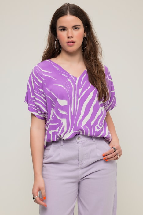 Colorful Zebra Print Short Sleeve Viscose Blouse