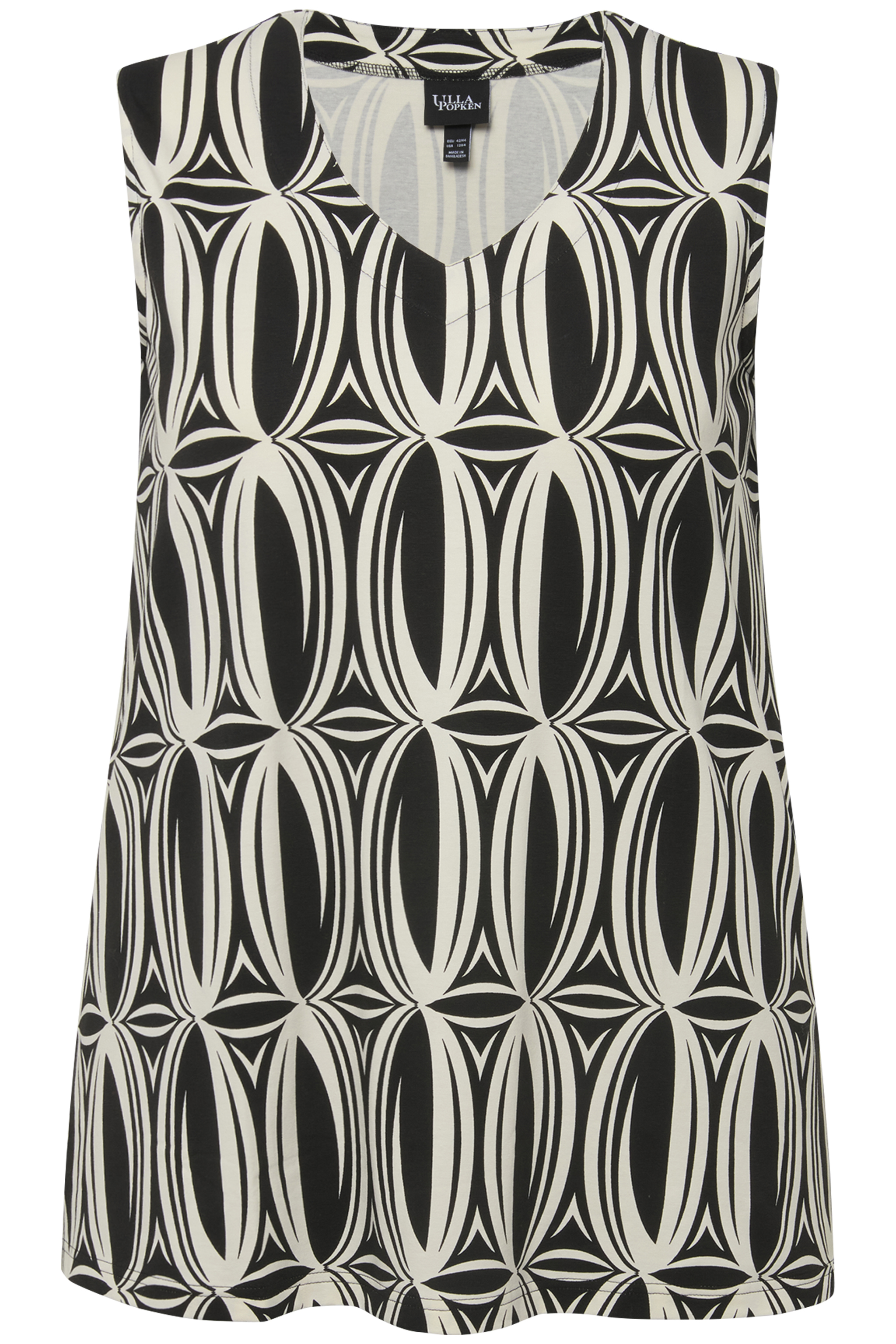 Top, grafický potisk, A střih, výstřih do V, bez rukávů