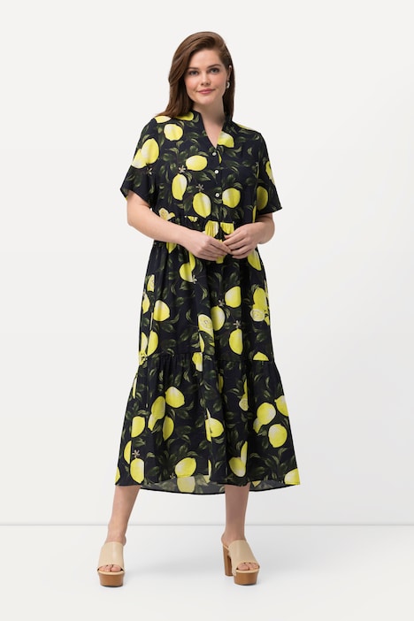 Lemon Print Goblet Collar Short Sleeve Dress, marine | Ulla Popken