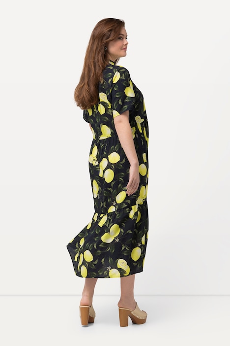 Lemon Print Goblet Collar Short Sleeve Dress, marine | Ulla Popken