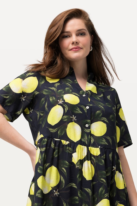 Lemon Print Goblet Collar Short Sleeve Dress, marine | Ulla Popken