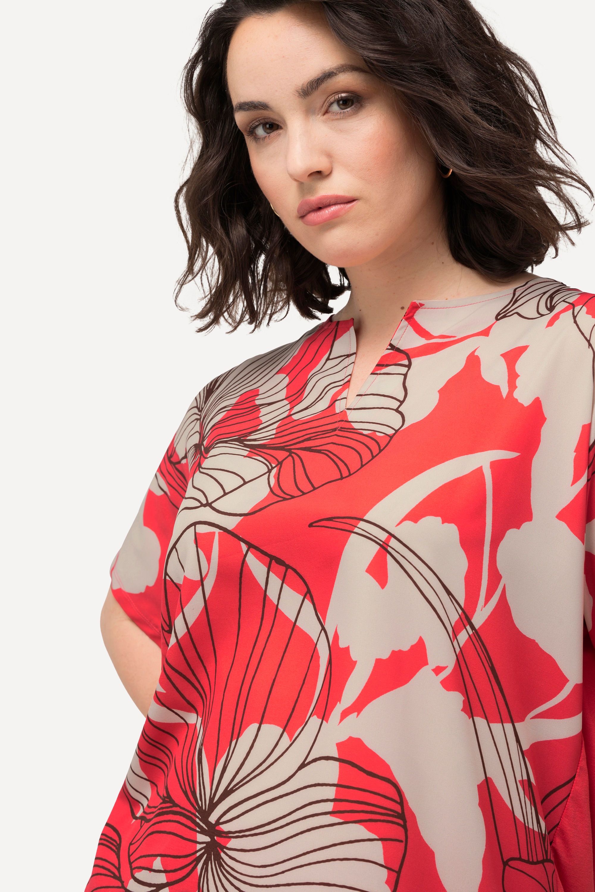 Ulla Popken Damen große Größen T Shirt Blüten Oversized Tunika Ausschnitt