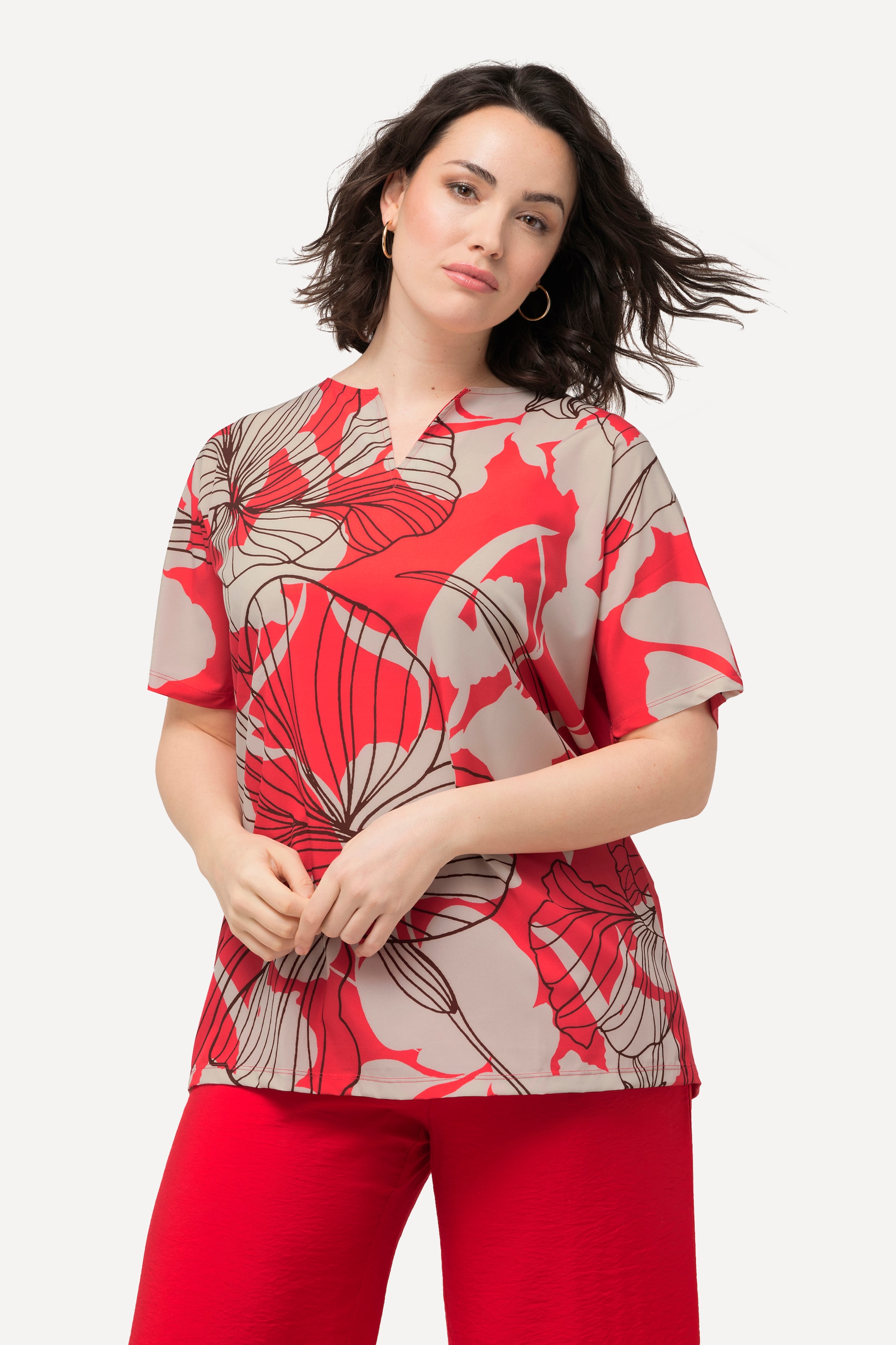 Ulla Popken Damen große Größen T Shirt Blüten Oversized Tunika Ausschnitt