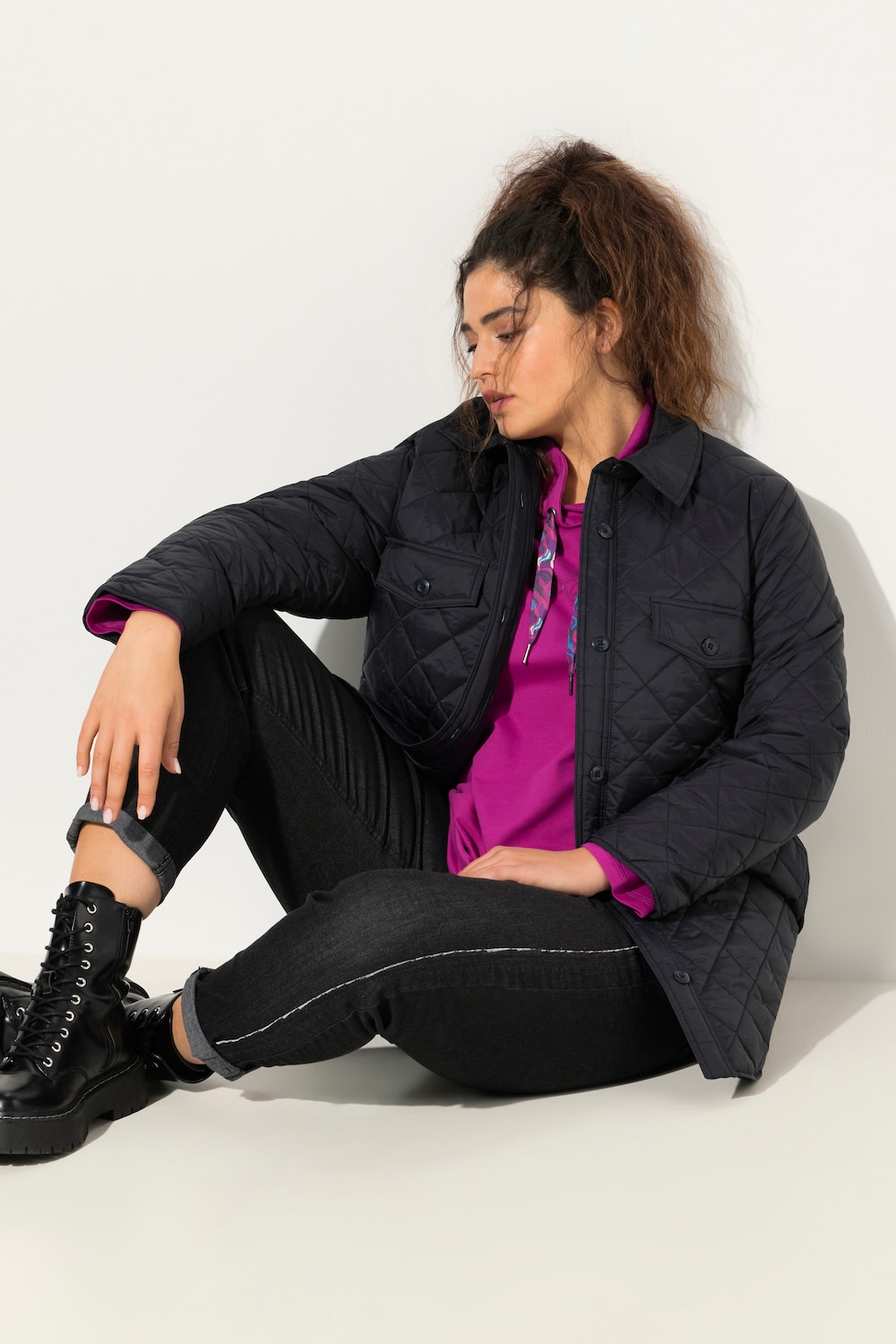 Große Größen Stepp-Hemdjacke, Damen, schwarz, Größe: 42/44, Ulla Popken