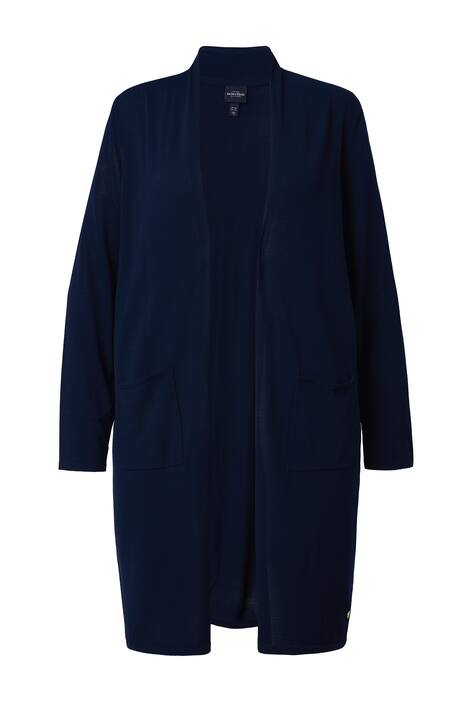 Dlouhý rozepínací svetr, stojáček, otevřený střih