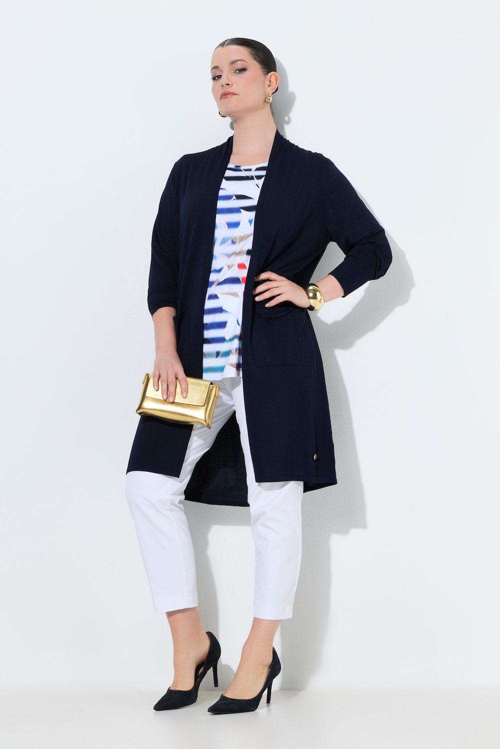 Long-Strickjacke, Stehkragen, offene Form, Langarm