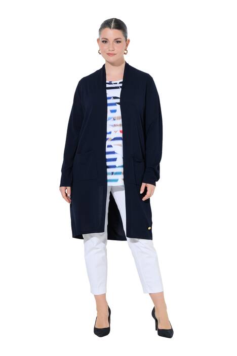 Dlouhý rozepínací svetr, stojáček, otevřený střih