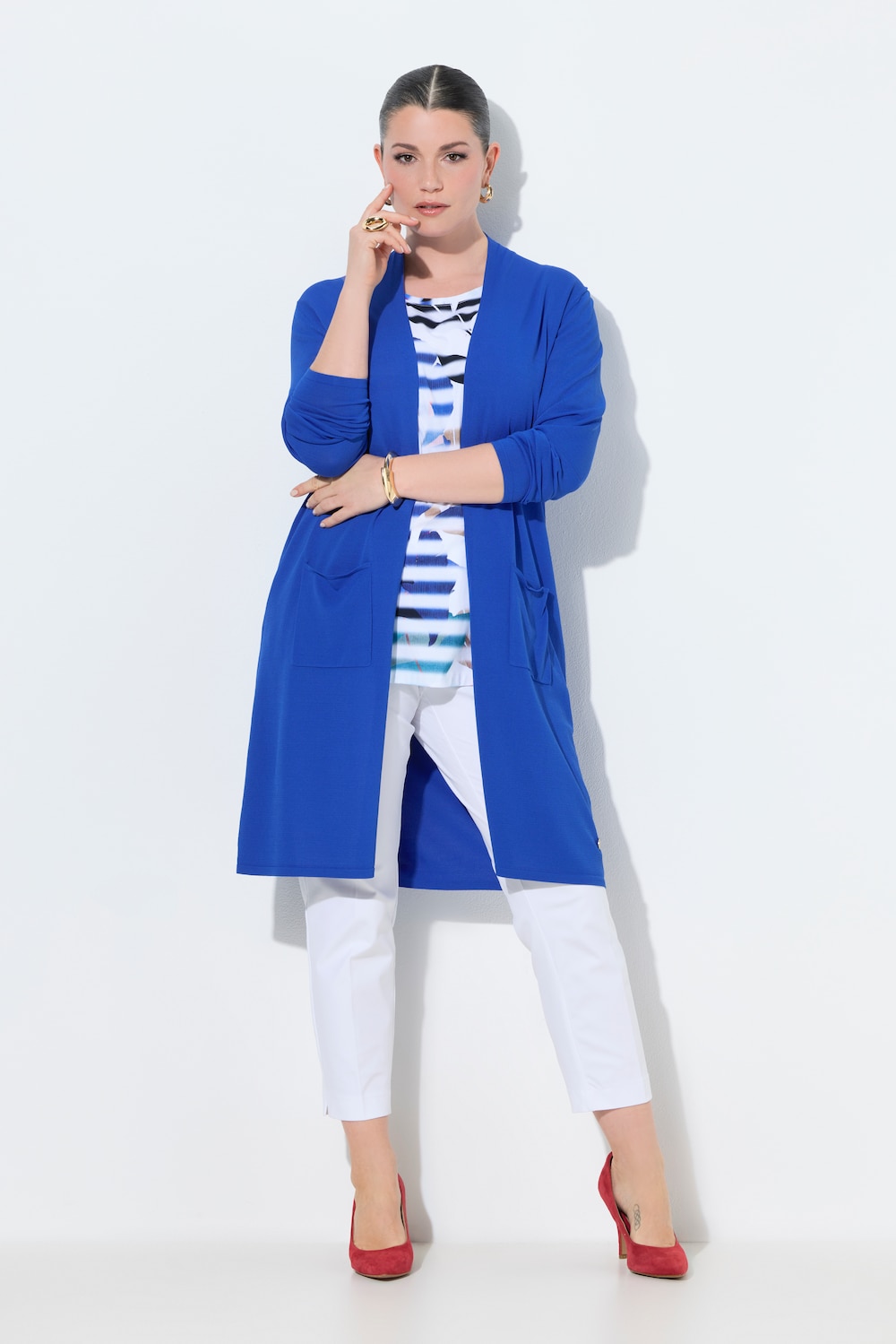 Long-Strickjacke, Stehkragen, offene Form, Langarm