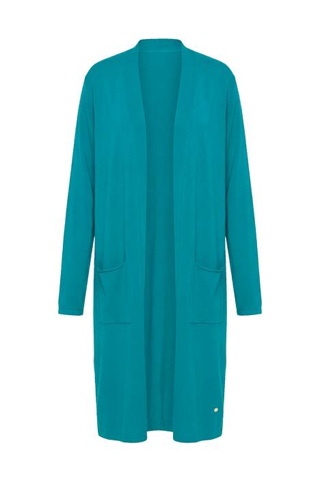 Dlouhý rozepínací svetr, stojáček, otevřený střih