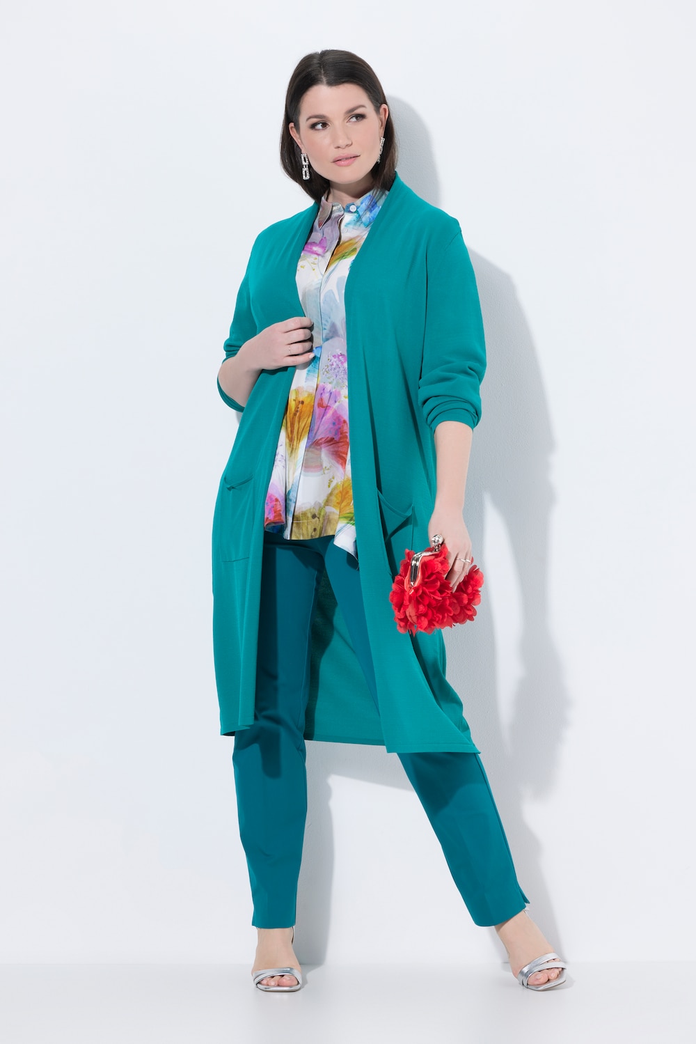 Long-Strickjacke, Stehkragen, offene Form, Langarm