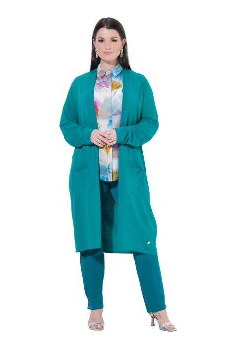 Dlouhý rozepínací svetr, stojáček, otevřený střih