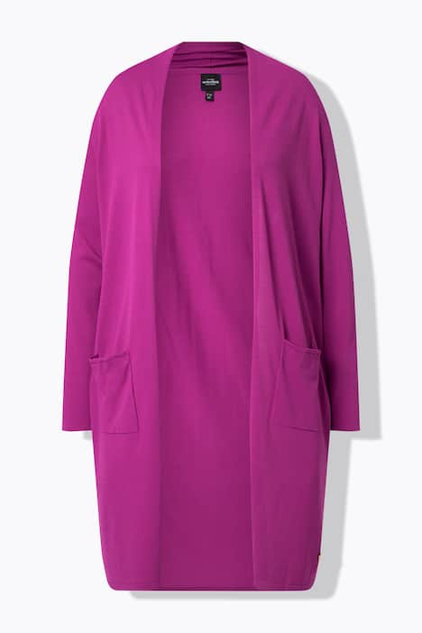 Long-Strickjacke, Stehkragen, offene Form, Langarm