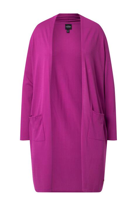 Dlouhý rozepínací svetr, stojáček, otevřený střih