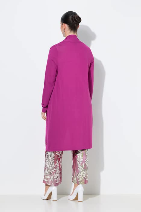 Long-Strickjacke, Stehkragen, offene Form, Langarm