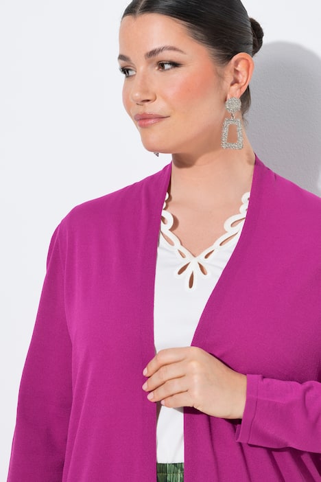 Long-Strickjacke, Stehkragen, offene Form, Langarm