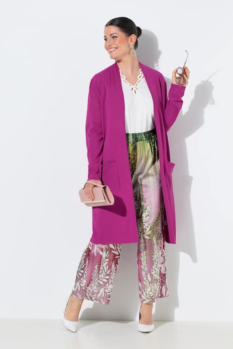 Long-Strickjacke, Stehkragen, offene Form, Langarm