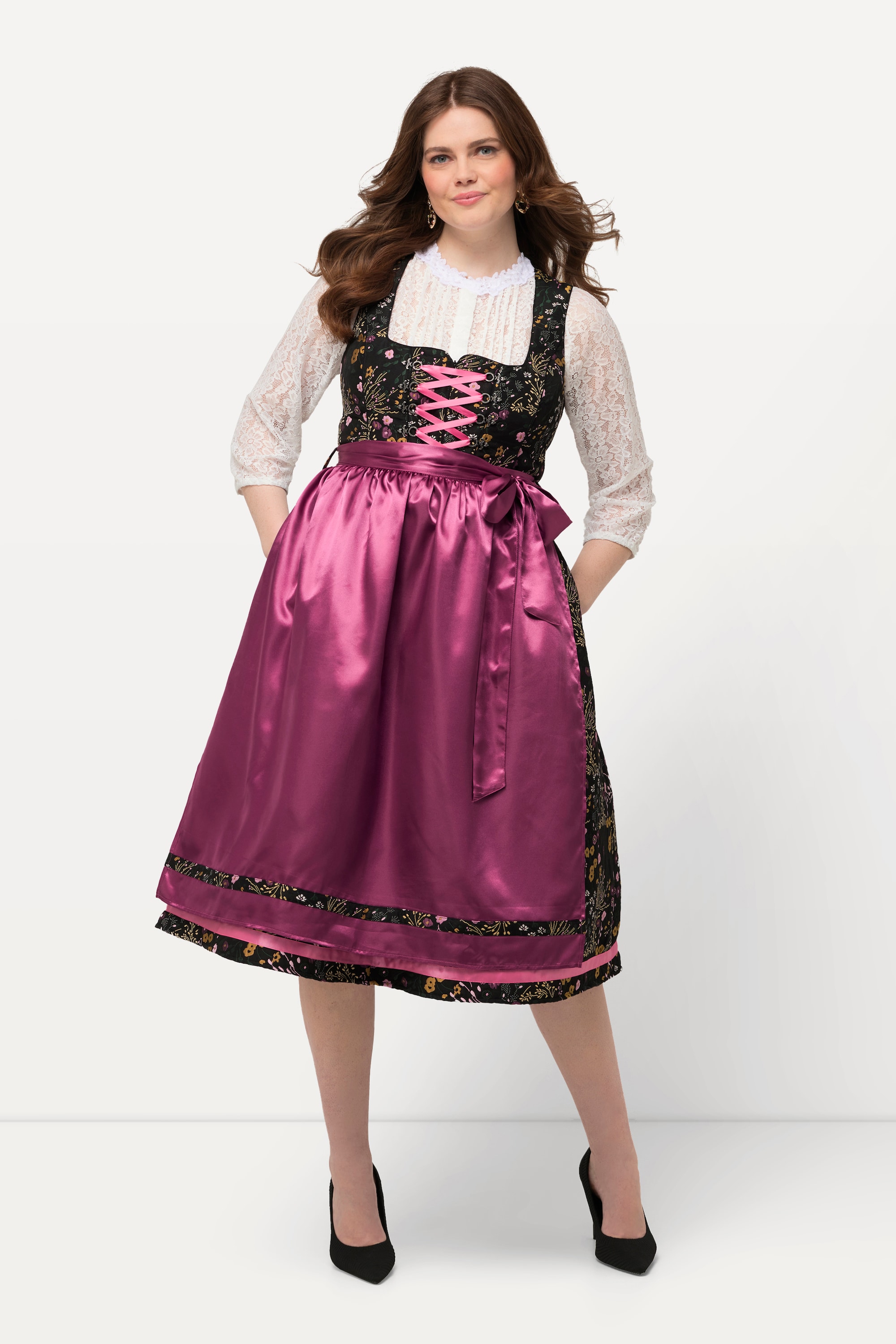 Ulla Popken Damen große Größen Dirndl Blüten Pailletten Carree Ausschnitt