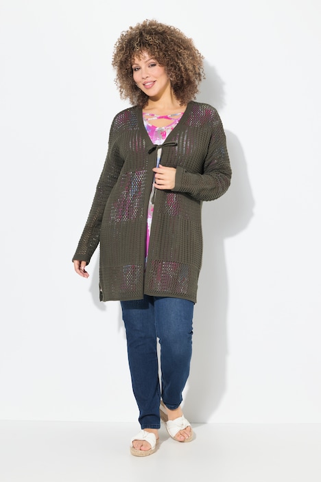 Strickjacke, Lochstrick, Oversized, V-Ausschnitt