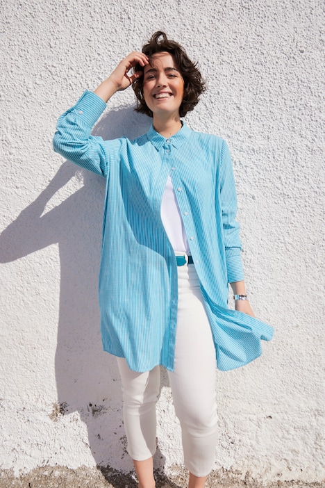 Blusa larga, rayas, forma en A, cuello camisero, manga larga