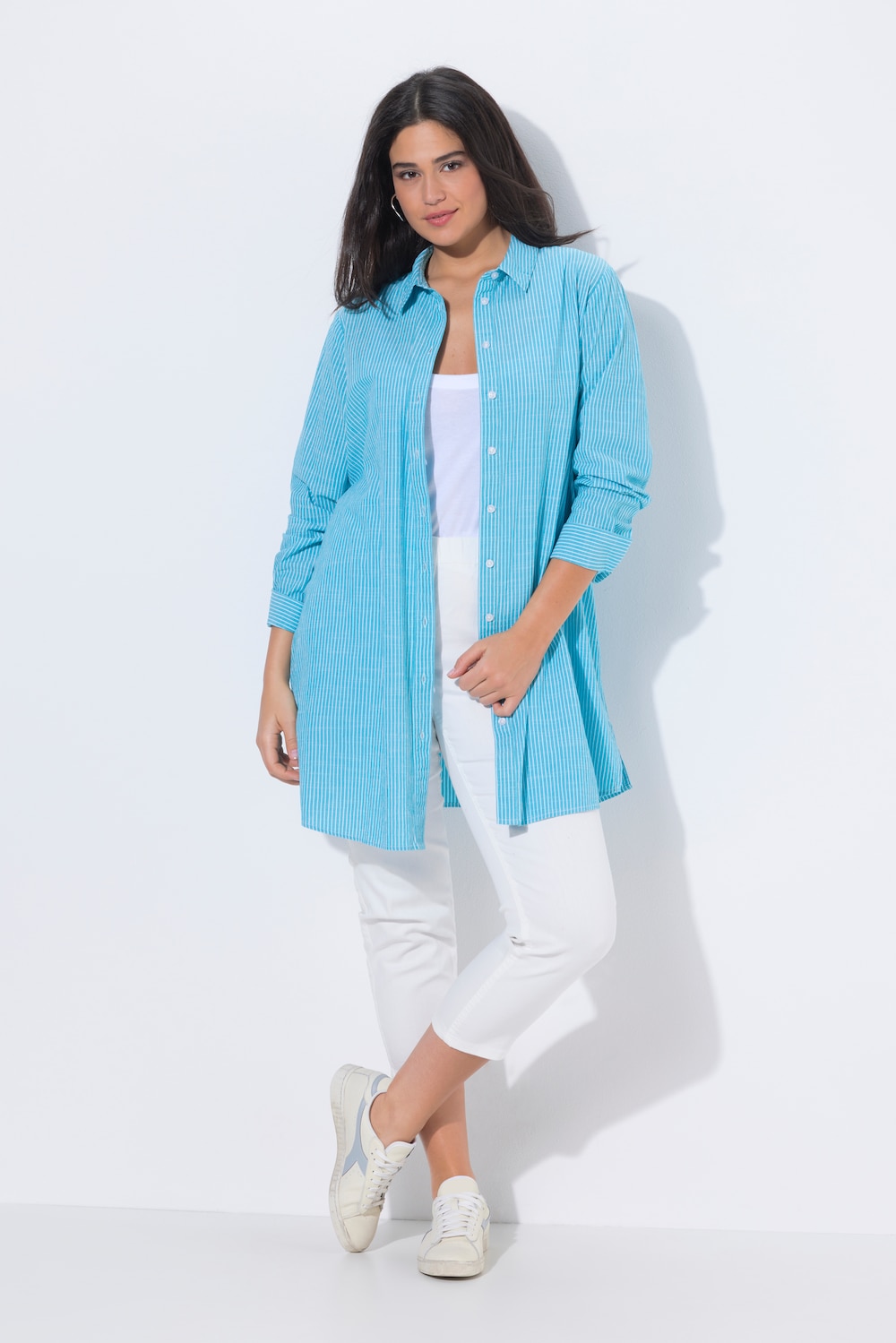 Longbluse, Streifen, A-Linie, Hemdkragen, Langarm