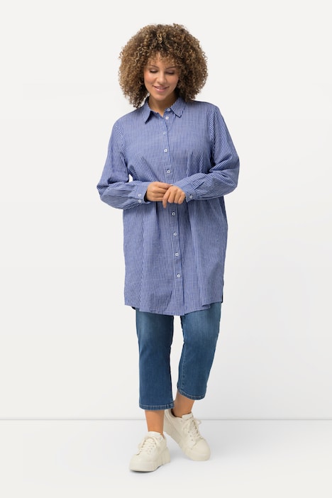 Blusa a righe dal taglio lungo e svasato con colletto da camicia e maniche lunghe