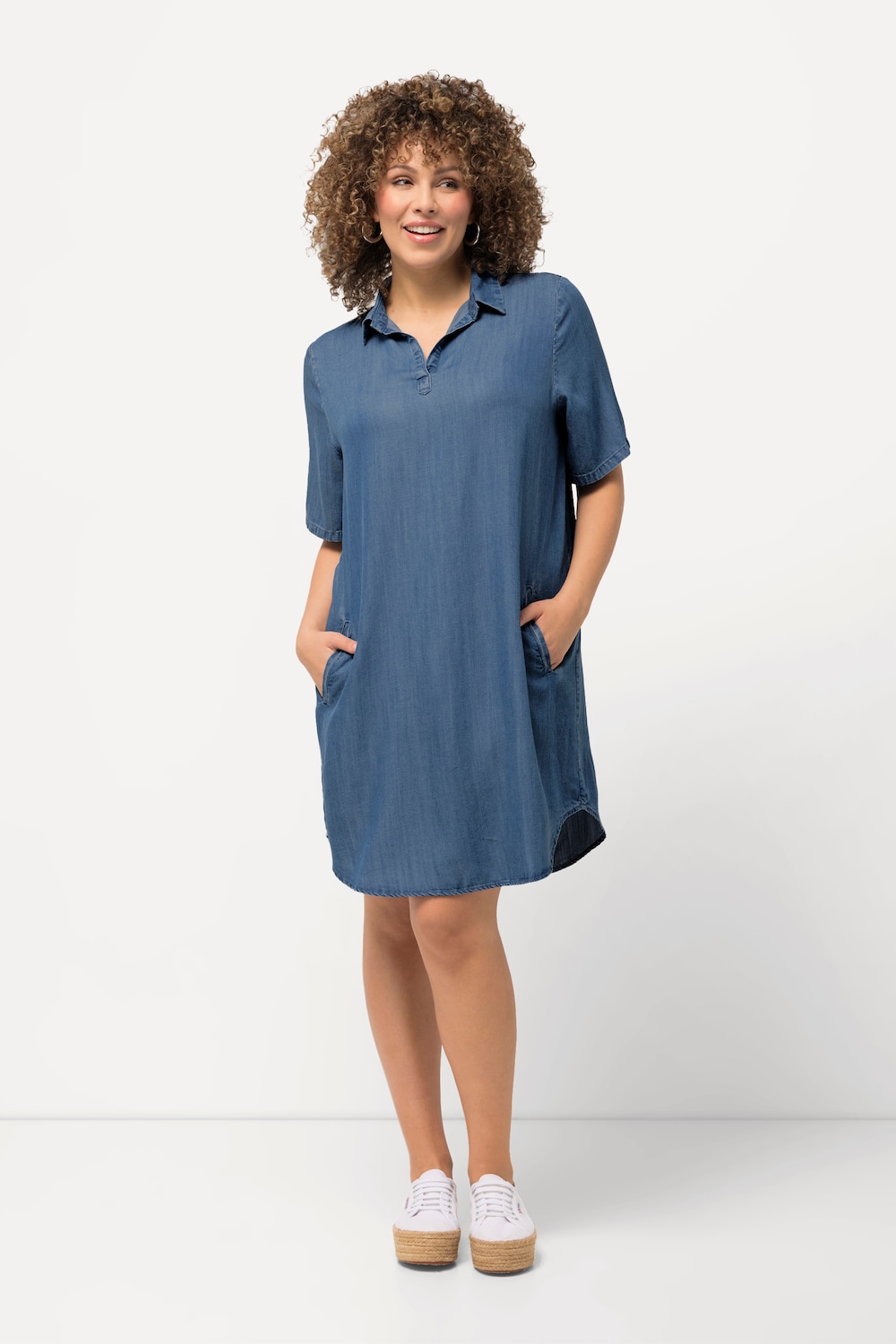 grandes tailles tunique en lyocell à manches courtes. col de chemise, femmes, bleu, taille: 52/54, fibres synthétiques, ulla popken