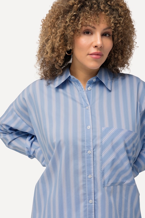 Striped Button-Down Stretch Fit Blouse, sky blue | Ulla Popken