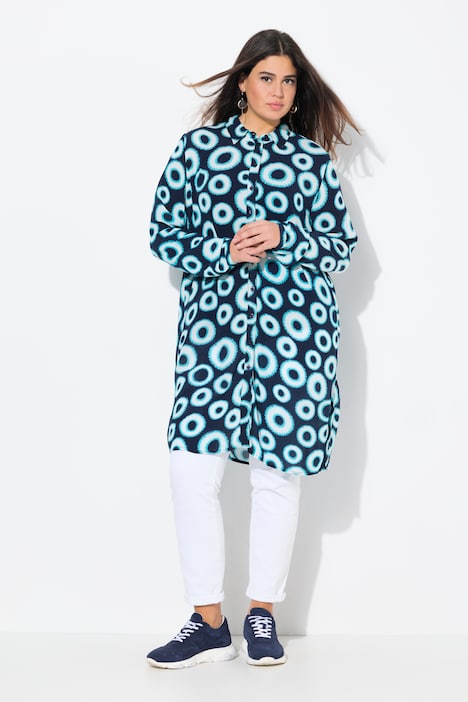 Circle Print Long Sleeve Button Down Duster Blouse