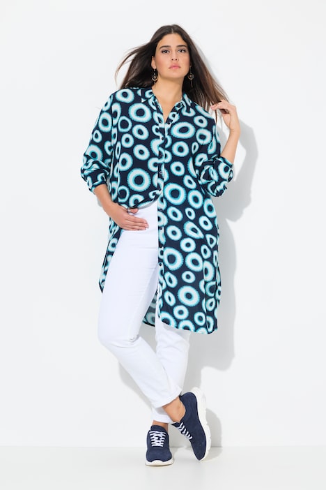 Circle Print Long Sleeve Button Down Duster Blouse