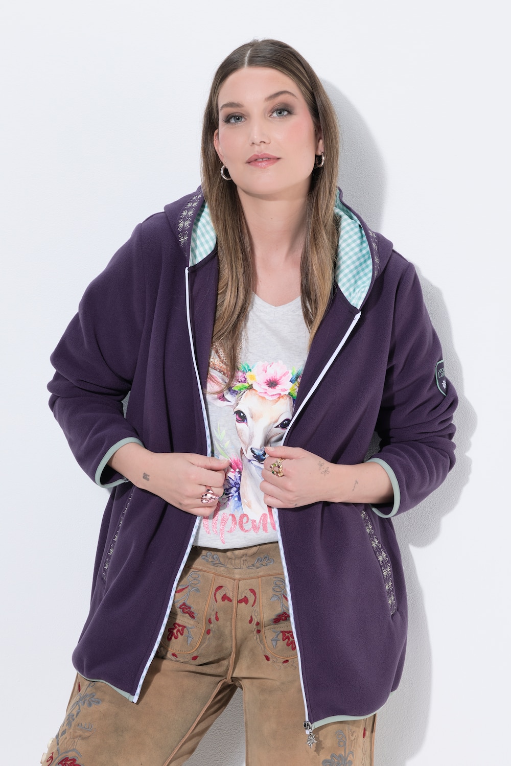 Trachten-Fleecejacke, Kapuze, Zierstickerei, Langarm