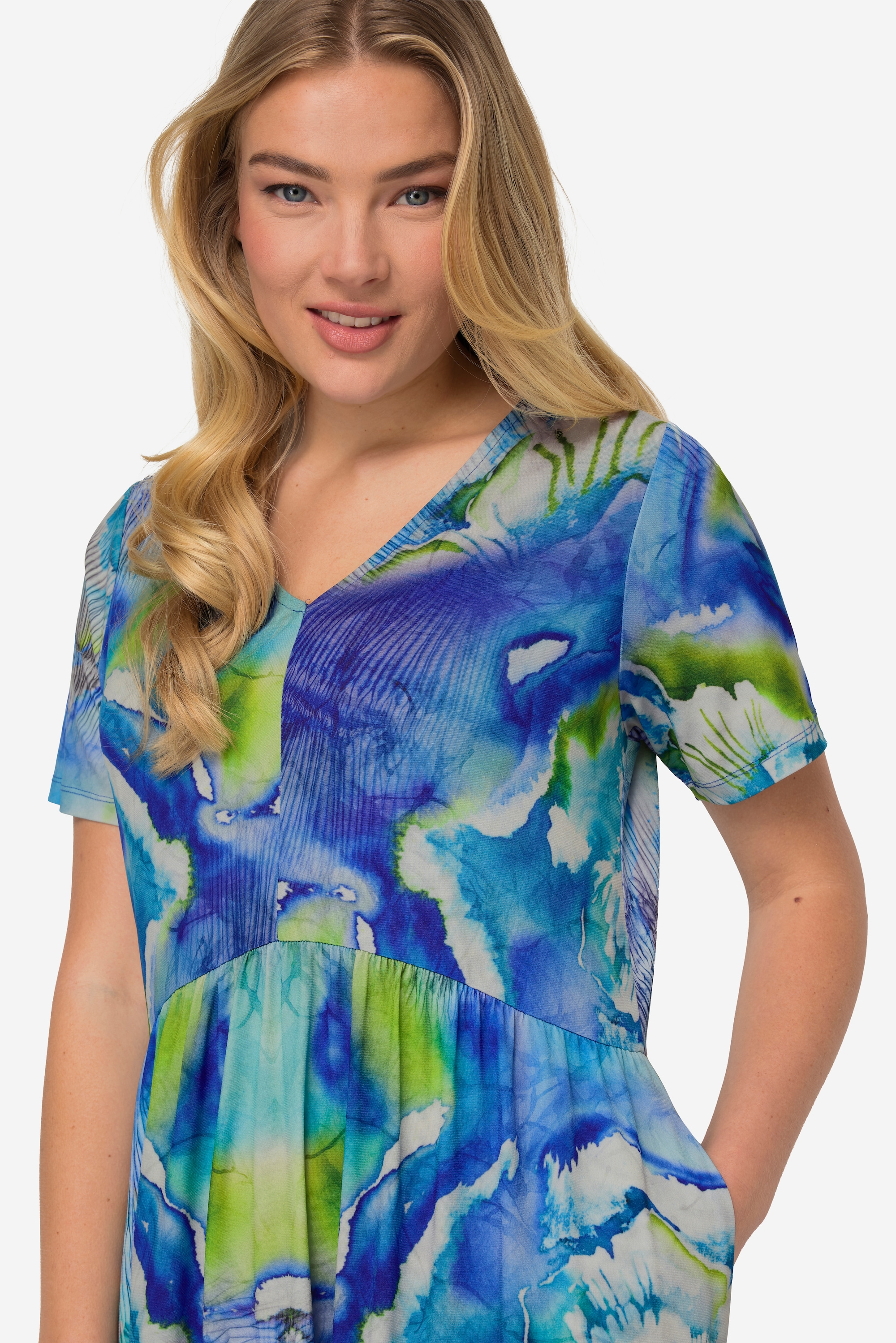 Laurasøn Damen Jerseykleid Batik Blüten V Ausschnitt Halbarm 829141