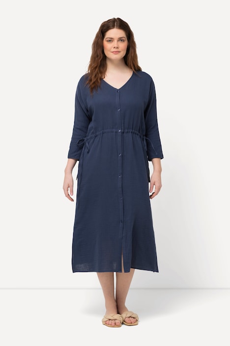 Robe midi bubble, décolleté en V et manches 3/4. Coton bio