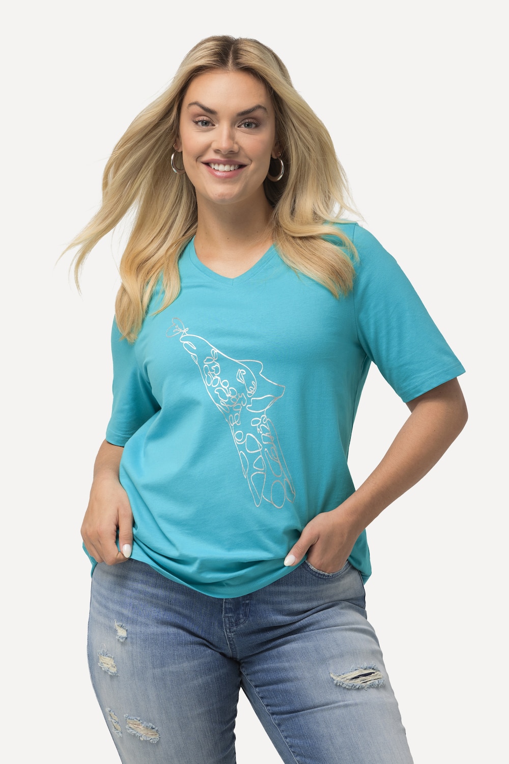 Grote Maten T-shirt, Dames, turquoise, Maat: 46/48, Katoen, Ulla Popken