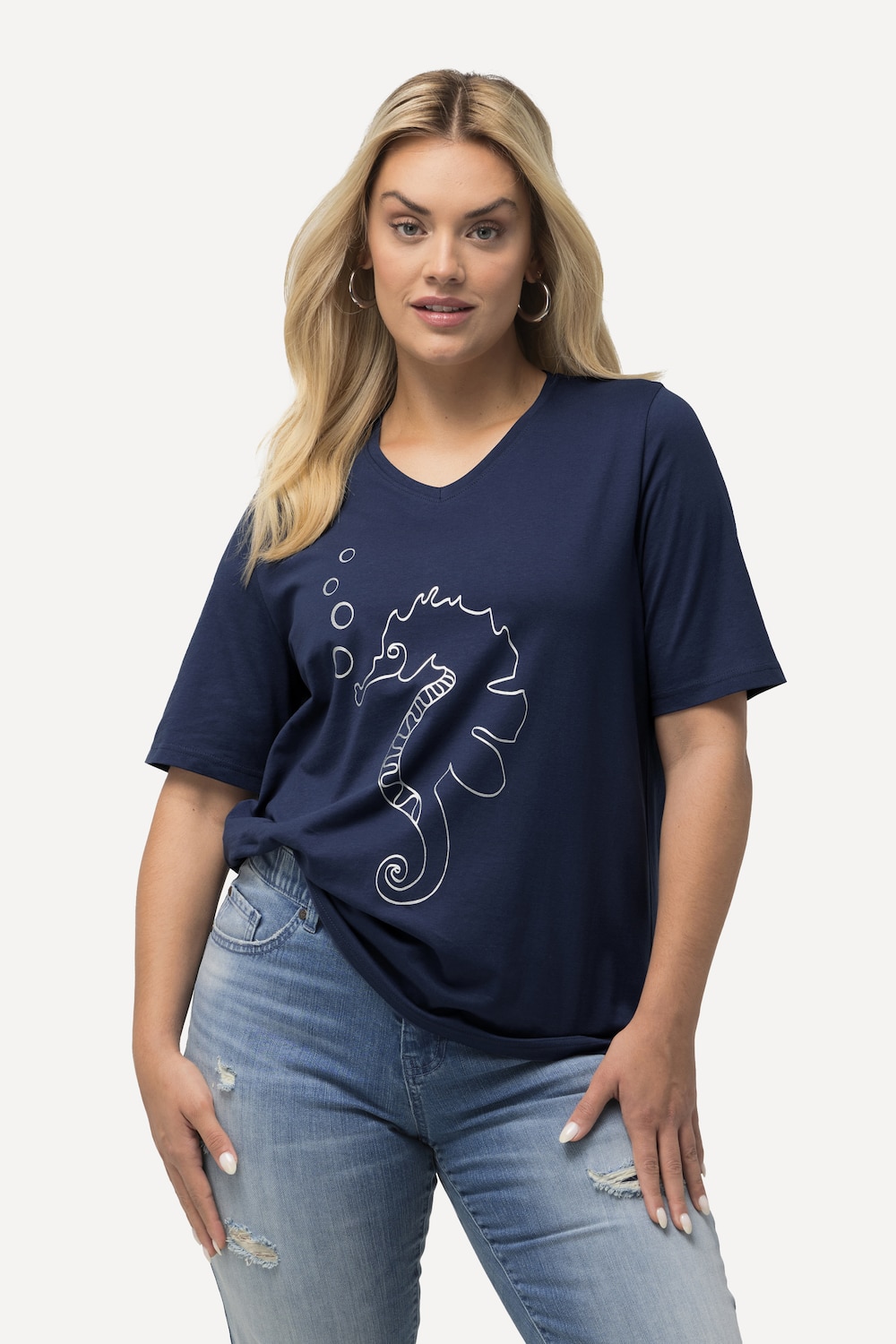 Grote Maten T-shirt, Dames, blauw, Maat: 54/56, Katoen, Ulla Popken