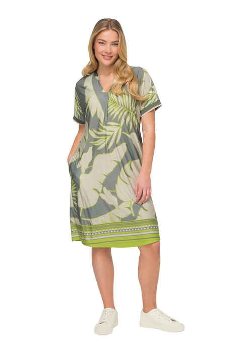 Jersey XL Leaf Print Dress V Neck Short Sleeve