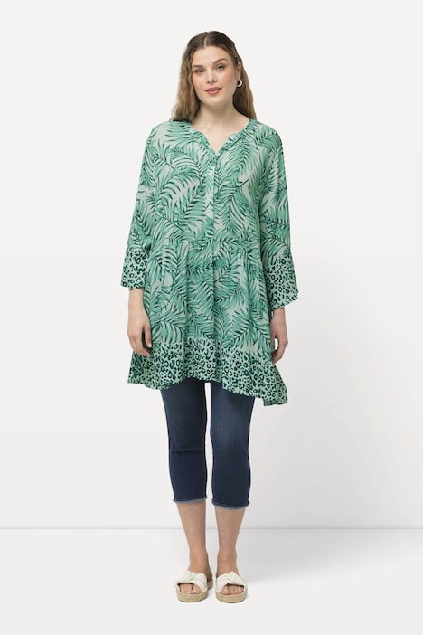 Palm Leaf Print Flounce Panel Tunic Blouse