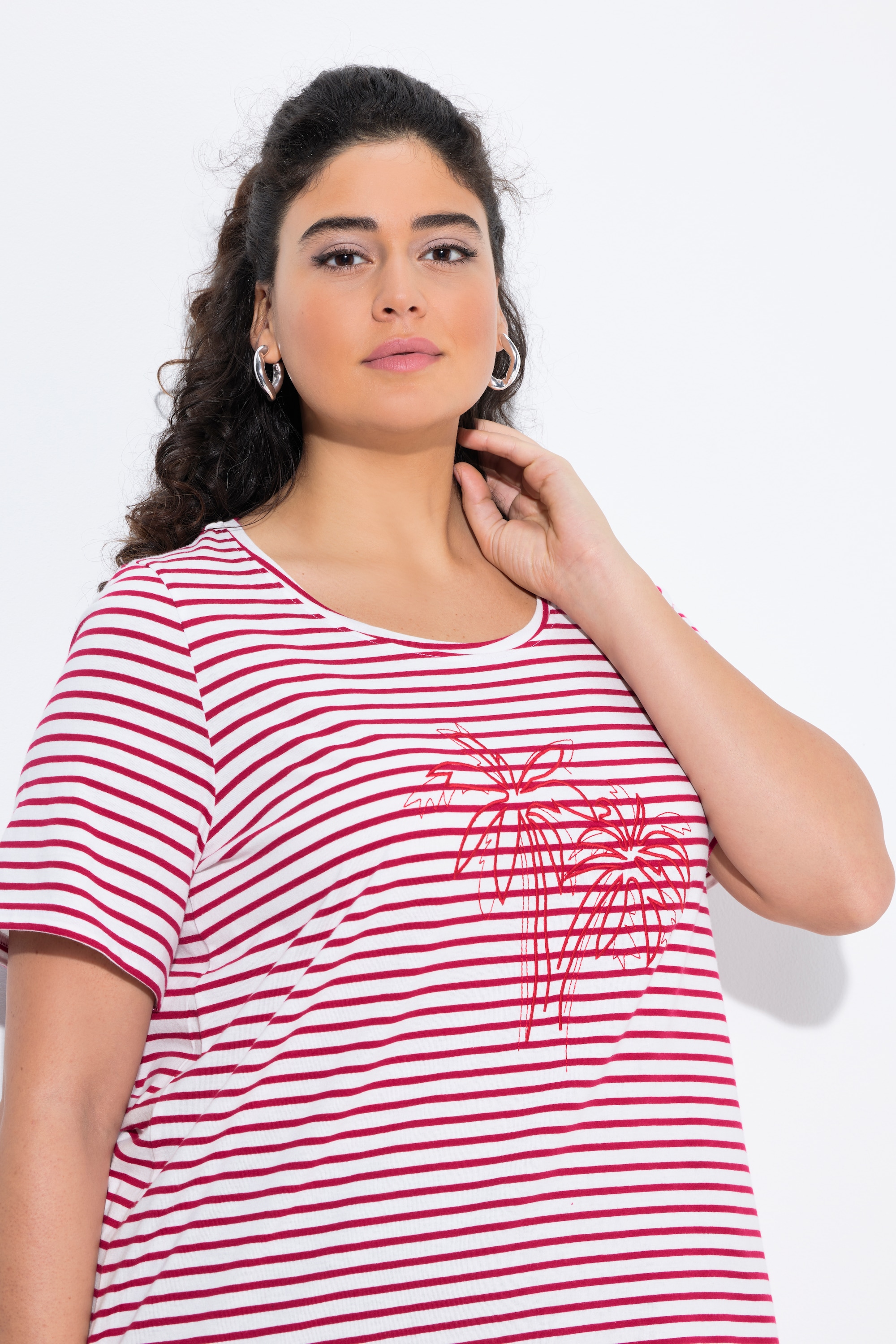 Ulla Popken Damen große Größen T Shirt Ringel Palmenstickerei Rundhals