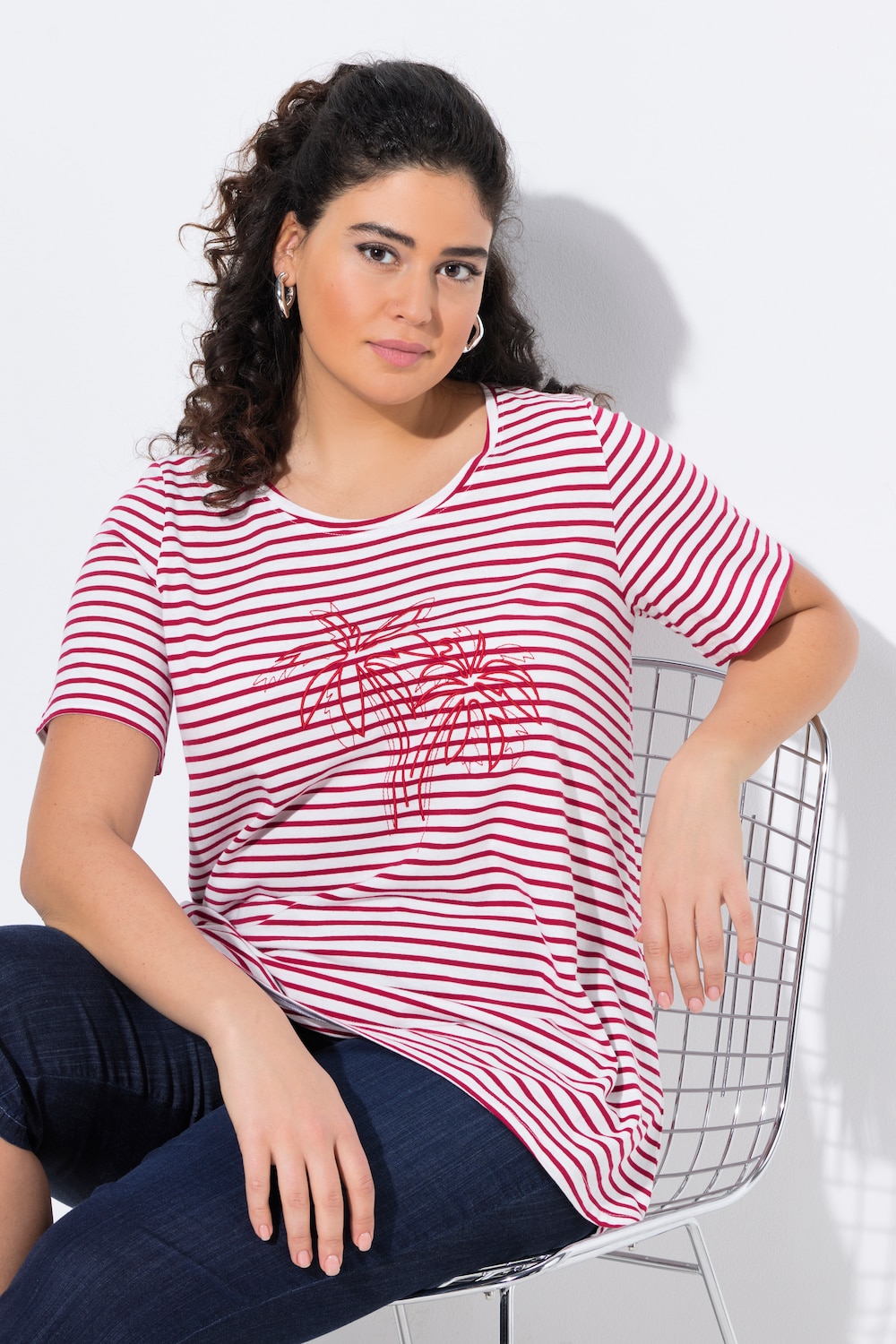 T-Shirt, Ringel, Palmenstickerei, Rundhals, Halbarm