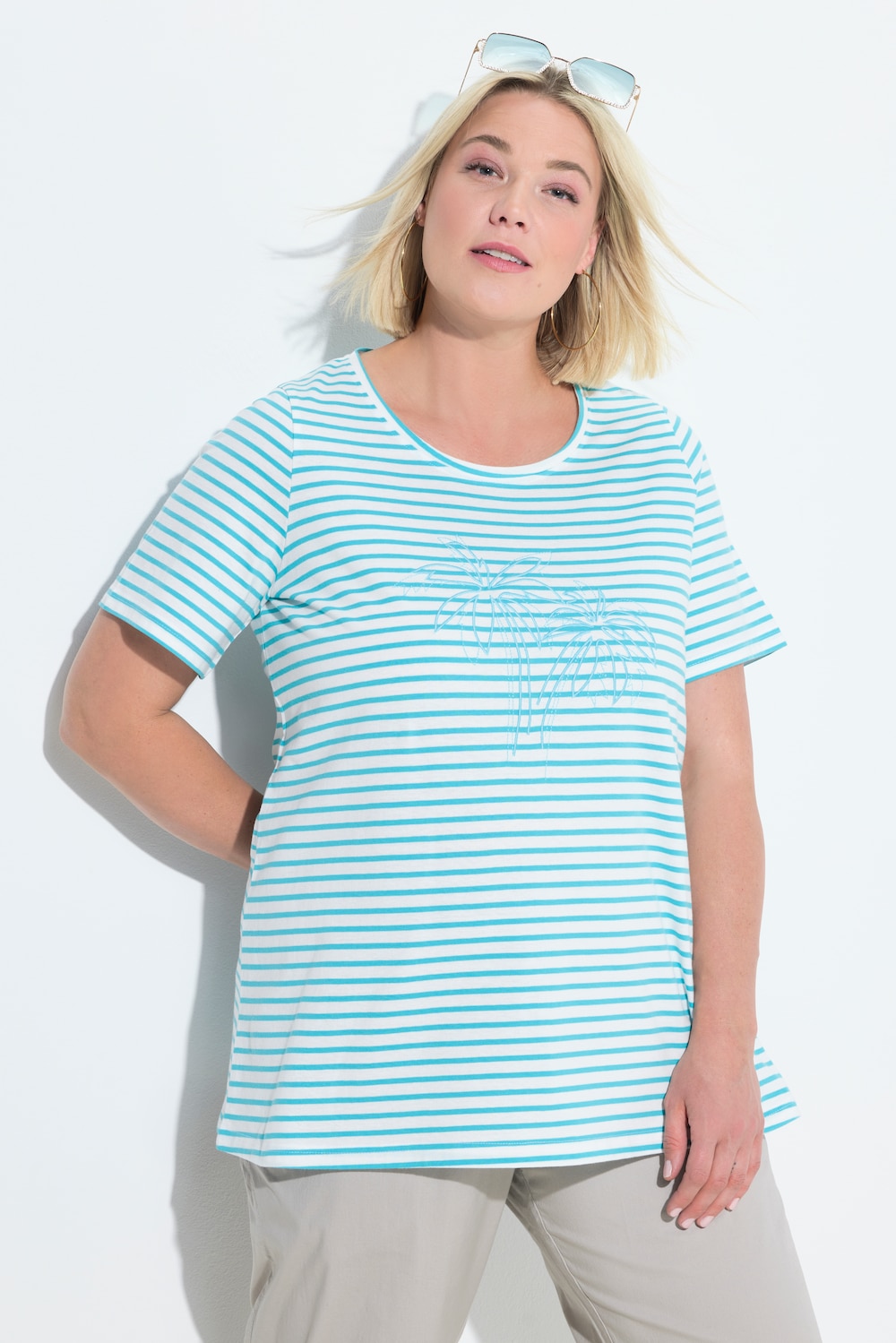T-Shirt, Ringel, Palmenstickerei, Rundhals, Halbarm