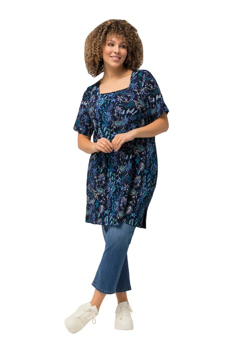 Dlouhé tričko, květovaný potisk, hranatý výstřih, krátké rukávy